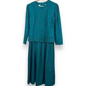 Karin Stevens Dress Womens Size 10 Green 1980s Vintage Floral Embroidered